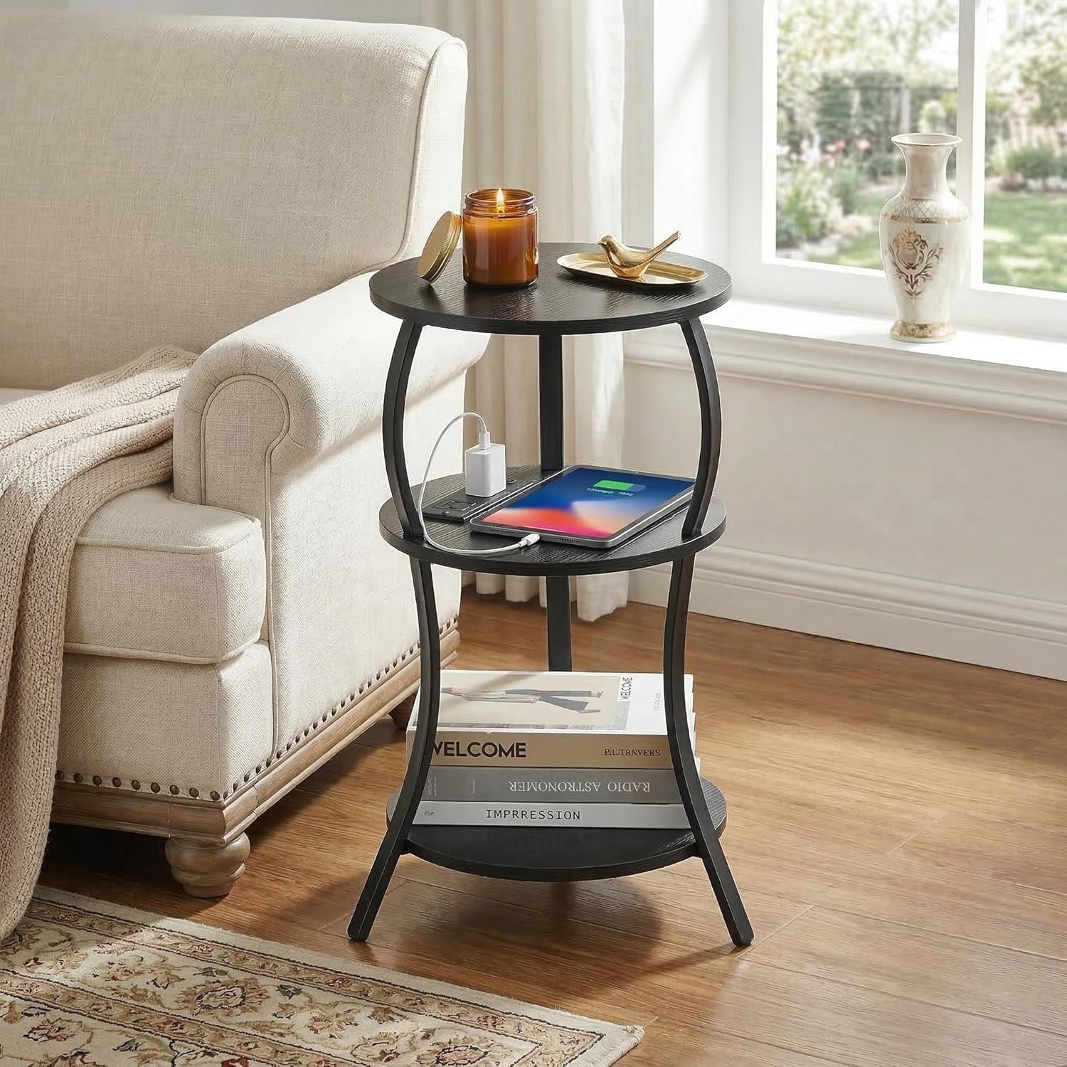 ZEXVIDA Small Round Side Table with Charging Station, 3-Tier Waist Circular End Table with Storage Shelf,  Sofa Side Table Small Spaces, Round Corner Coffee Table for Living Room Bedroon,Black