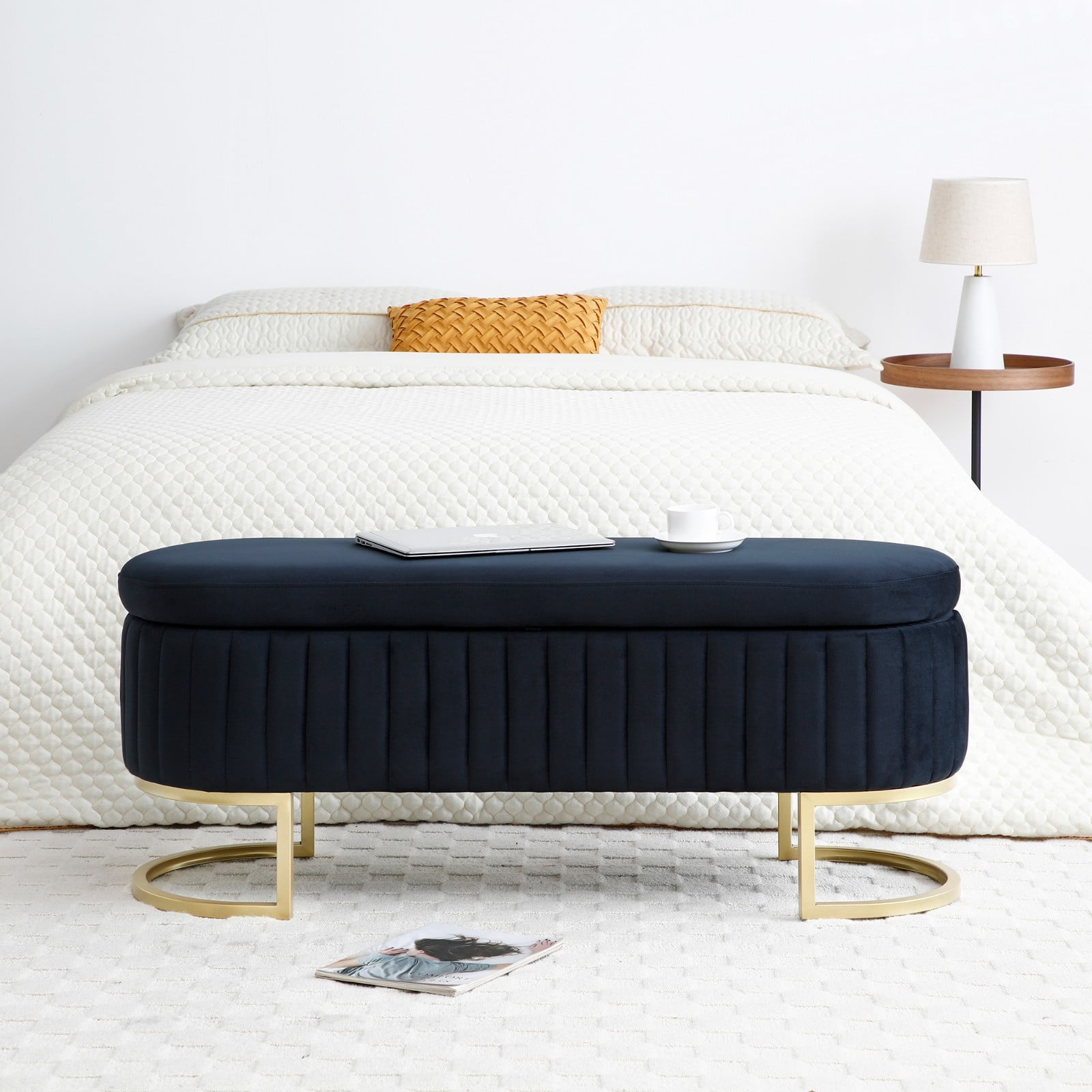 Velvet Ottoman With Storage | Solid Wood Legs – Furniture