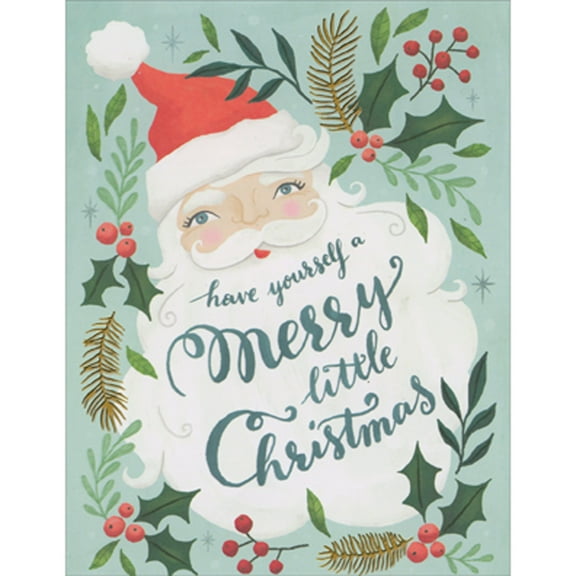 Madison Park Greetings Santa with Large White Beard: Holly on Light Blue Box of 10 Christmas Cards