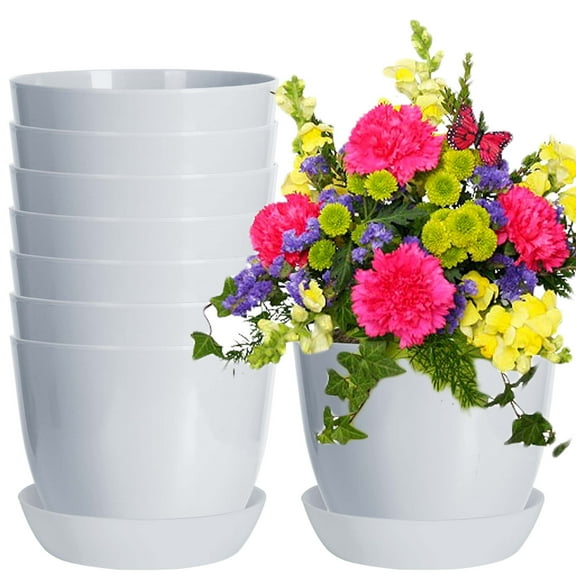 Youngever 8 Pack 5.5 Inch Plastic Planters Indoor Flower Plant Pots, Modern Decorative Gardening Pot with Drainage for All House Plants, Flowers, Herbs, Succulents and Hanging Plants (Grey)