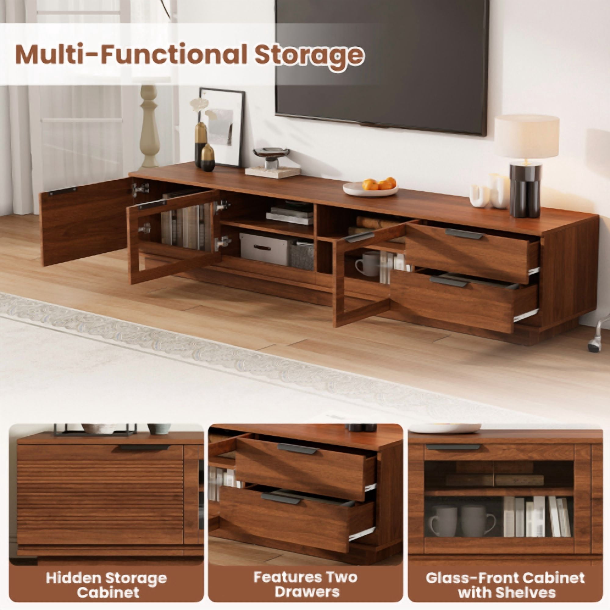 78-inch Modern TV Stand for TVs up to 85", Floor-Standing Entertainment Center with Two Drawers, Glass Doors, Soft-Closing Hinges, and Cable Management for Living Room