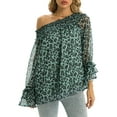 thumbnail image 7 of Women's Chiffon Blouses Off Shoulder Casual Long Sleeve Tops Leopard Print Ruffle Loose Shirts 2XLGreen, 7 of 7