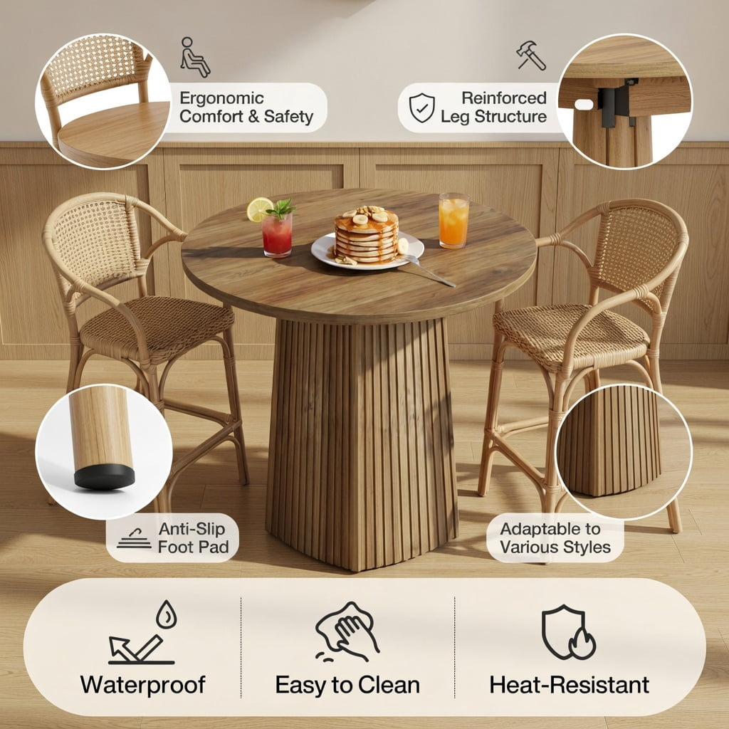Hommoo 31.5 Inch Round Pub Table, Modern Fluted Pedestal Bar Table for Kitchen, Apartment, Breakfast Nook & Small Spaces, Walnut