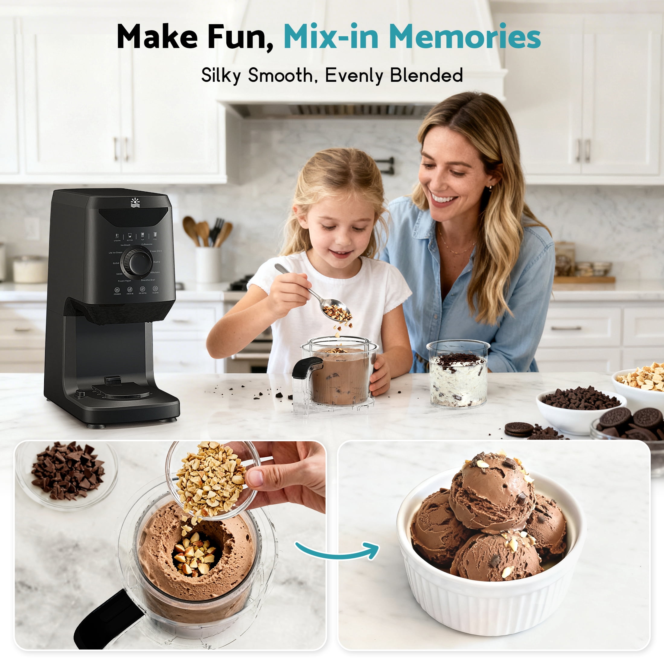 Flamemore 12-in-1 Ice Cream Maker with (2) Pint Containers &Lids, Self Cleaning, 1500W Frozen Yogurt Machine for Milkshake, Sorbet, Black