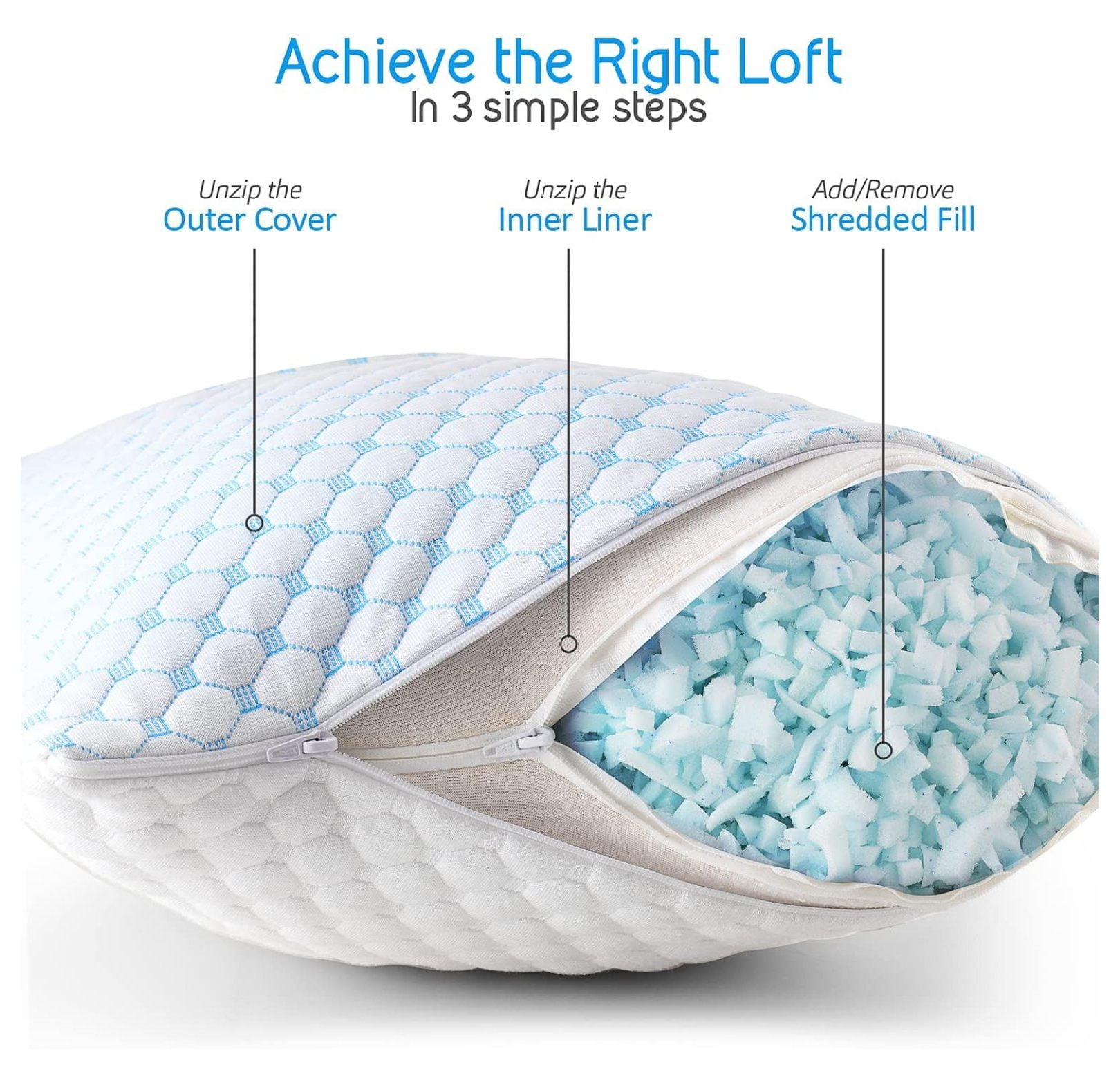 KriKac Cooling Pillow, Shredded Queen Size Set of 2, Gel Infused Cool Pillow, Adjustable Cooling Pillows for Sleeping, Breathable Queen Pillows, Washable Removable Bed Pillow Cover