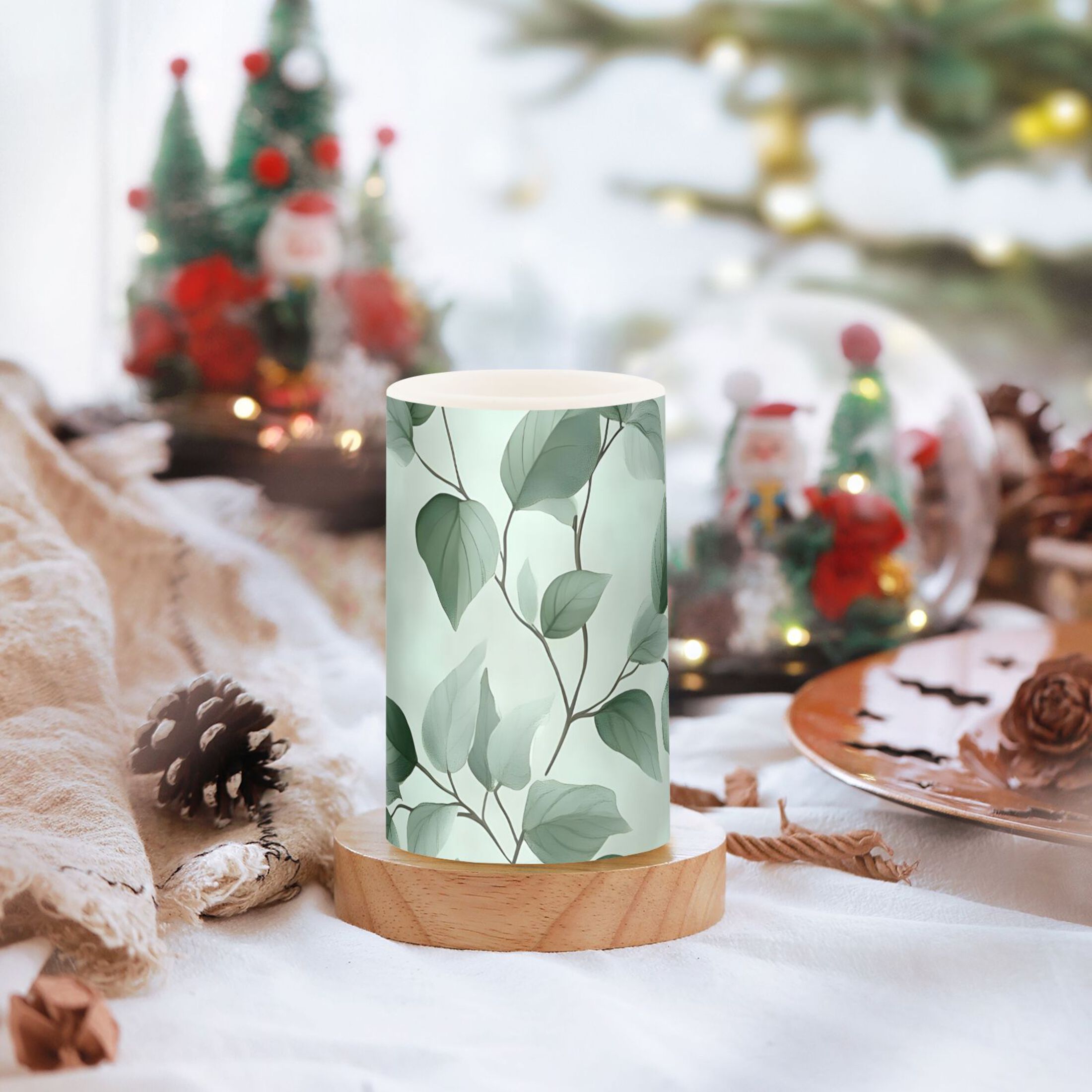 Watercolor Green Leaf Flickering Flameless Candles Battery Operated with Remote Timer LED Pillar Candles Set of 2