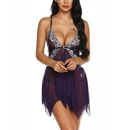 Women Lace Lingerie Front Closure Babydoll V Neck Nightwear Sexy Chemise Nightie