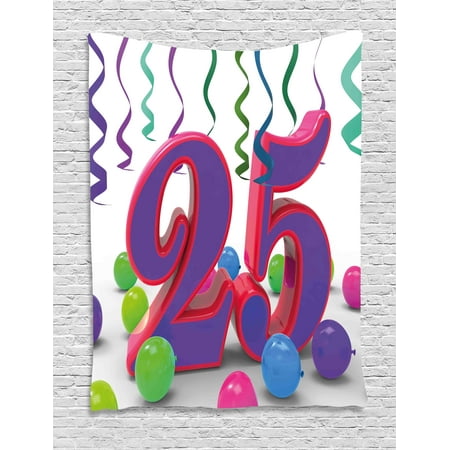 25th Birthday Decorations Tapestry, Birthday Party Set Up Colorful Ribbons and Balloons on the Ground, Wall Hanging for Bedroom Living Room Dorm Decor, 60W X 80L Inches, Multicolor, by