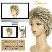 QUEENTAS Blonde Wigs for Women Layered Short Blonde Wig with Highlight Synthetic Pixie Cut Wigs with Bangs Glueless Wig Blonde Mixed Brown