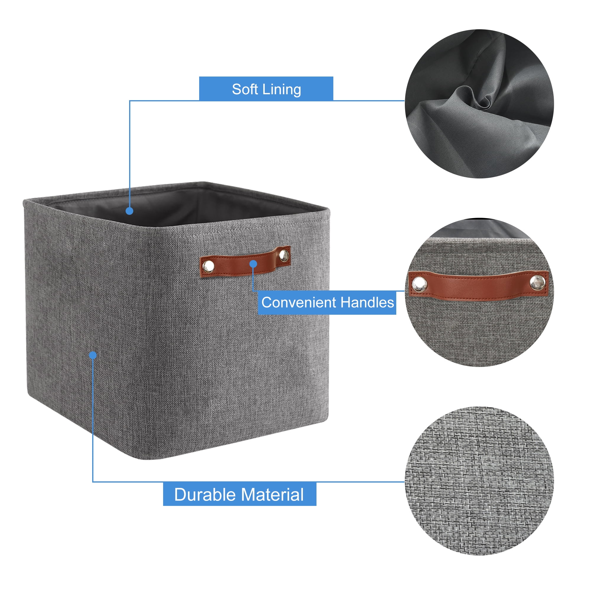 Tegance 13x13 Storage Cubes Baskets 4 Pack Fabric Cube Storage Bins Large Storage Baskets with Leather Handles,Decorative Storage Boxes for Organizing Shelves(Grey)