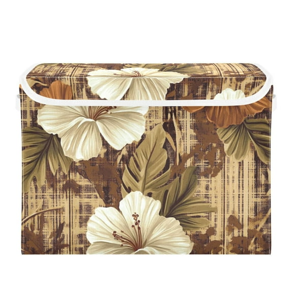 Tropical Hibiscus Flowers with Brown Large Storage Bins with Linen Collapsible Lid Storage Box 16.7 x 12.6 x 11.8in