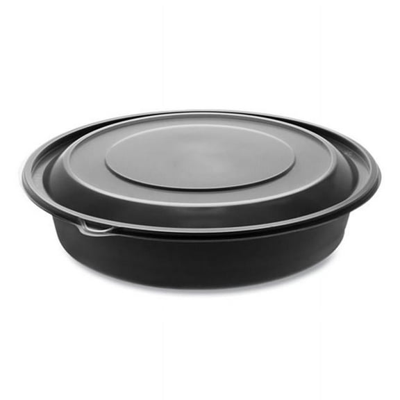 Pactiv Evergreen EarthChoice MealMaster Container with Lid, 48 oz, 10.13" Diameter x 2.13"h, 1-Compartment, Black/Clear, Plastic, 150/Carton
