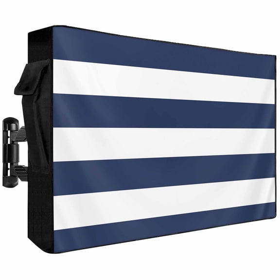 Outdoor TV Cover 58x37x4.5in, Nautical Stripes Weatherproof TV Screen Protector with Zipper, Navy Blue and White Outside Television Cover Fits Up to 60-65"