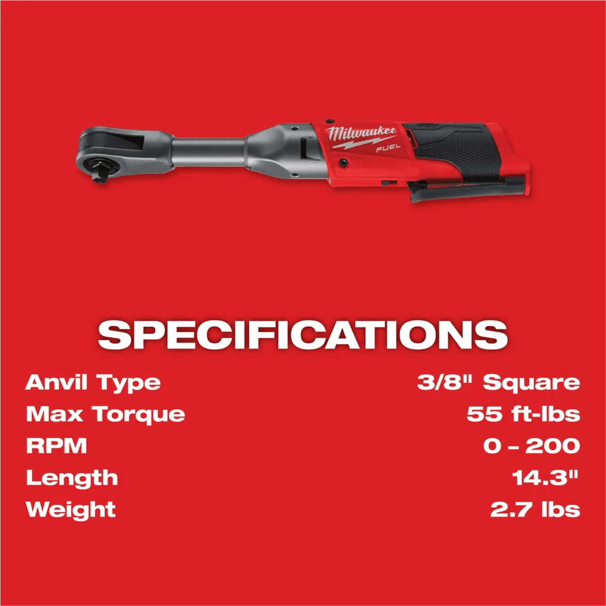Milwaukee 2560-21 M12 FUEL 3/8" Extended Reach Ratchet 1 Battery Kit