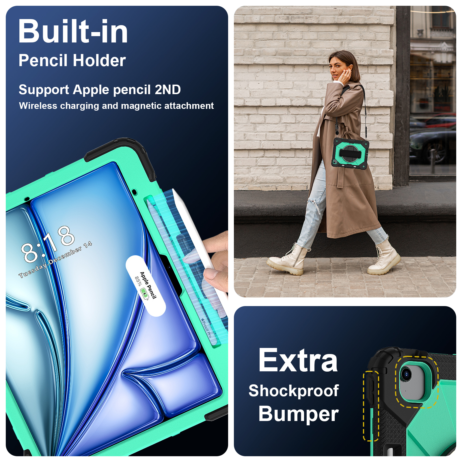 Dteck Case for iPad Air 13 inch 2025/2024 (M3/M2) with Pencil Holder, Shockproof Silicone + PC 3 Layer Protection Case Heavy Duty 360° Rotating Hand Strap Kickstand Cover,Black+Mint