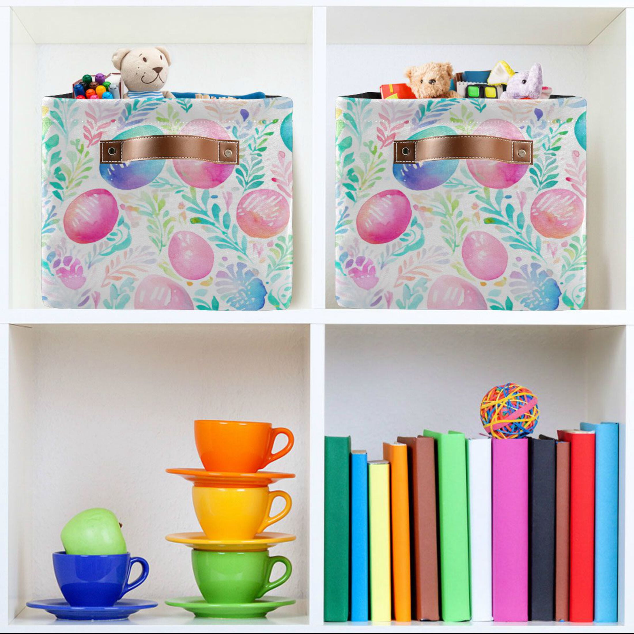 Easter Eggs and Leaf Storage Bins with Handle Fabric Organizer Basket Foldable Box 2 Pack 14.2x10.2x8.3