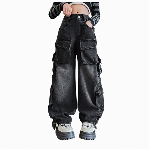 JUMEYU Girls Baggy Jeans Teen Girl Jean Spring and Summer Cute Girls Elastic Waist Comfy Full Length Pants Jeans with Pocket Size 9-10 (Black,9-10 Years)