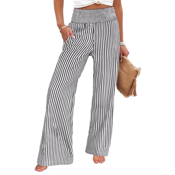 Wide Leg Pants Woman High Waist Petite Striped Cotton Trousers with Pockets Casual Summer Palazzo Capri Lounge Vacation Black L
