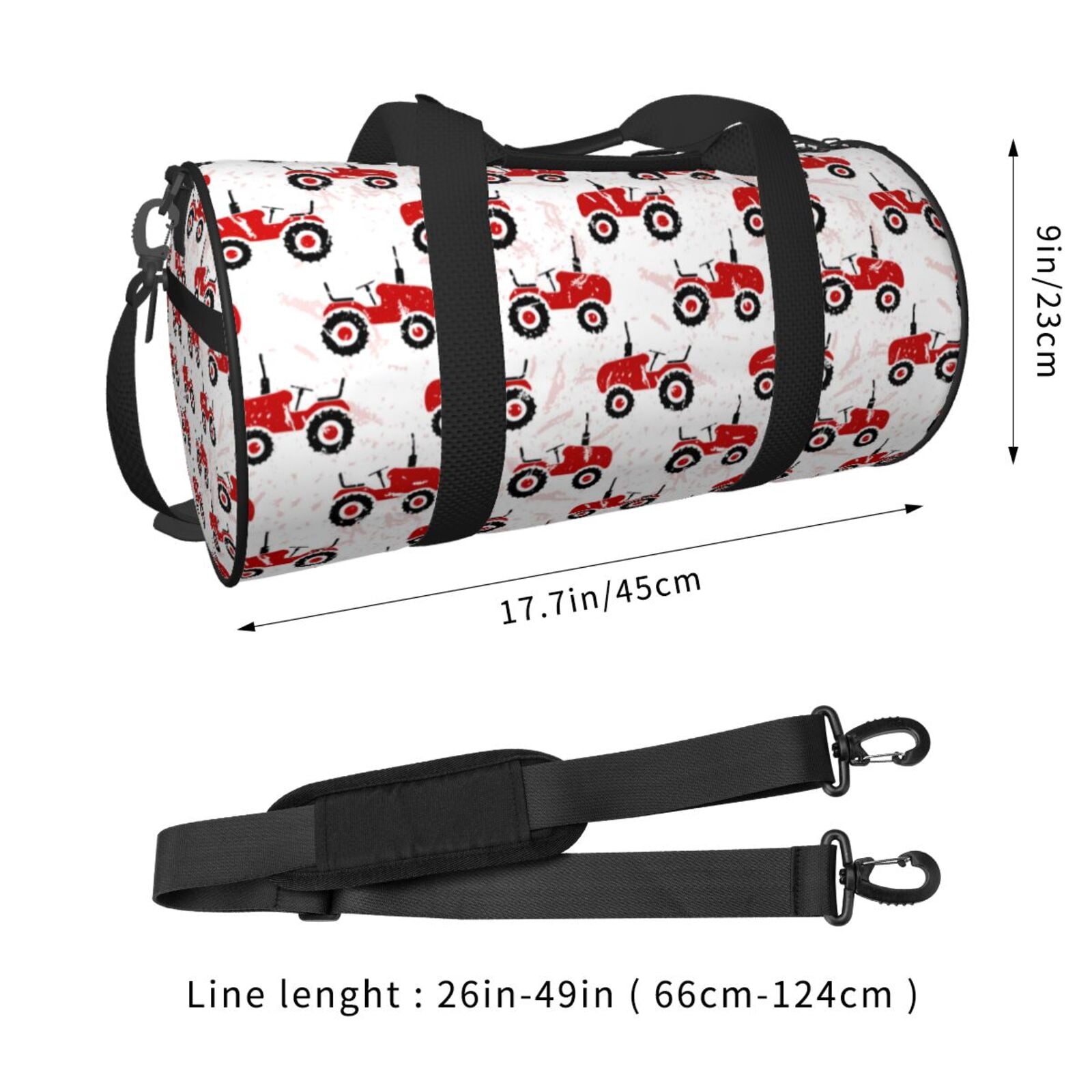 Ratiio Red Wheeled Tractors Pattern Foldable Sports Gym Bag with Wet Dry Pocket, Ultralight Travel Bag, Large Capacity Duffel Bag, Splash Proof Carry on Bag, Overnight Bag, Weekender Bag for Travel