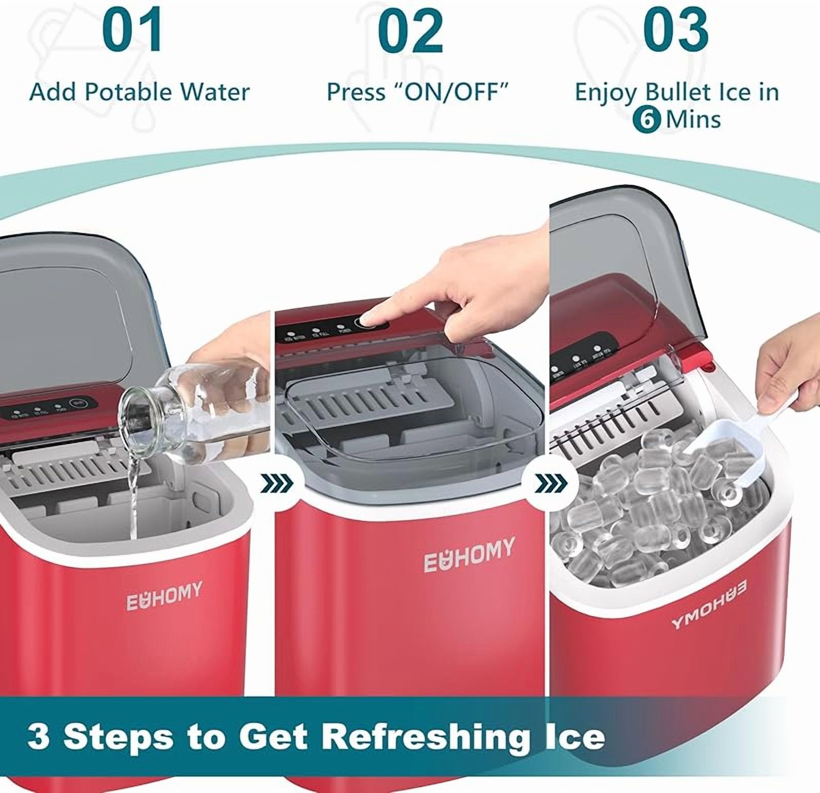 Countertop Ice Maker Machine with Handle, 26lbs Per Day, 9 Ice Cubes Ready in 6 Mins, Auto-Cleaning Portable Ice Maker with Basket and Scoop, for Home/Kitchen/Camping/RV (Red)