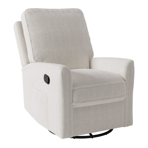 Kris & Alley Elysian White Boucle Fabric Upholstered Plush Glider Swivel Manual Recliner with Side Pocket for Storage