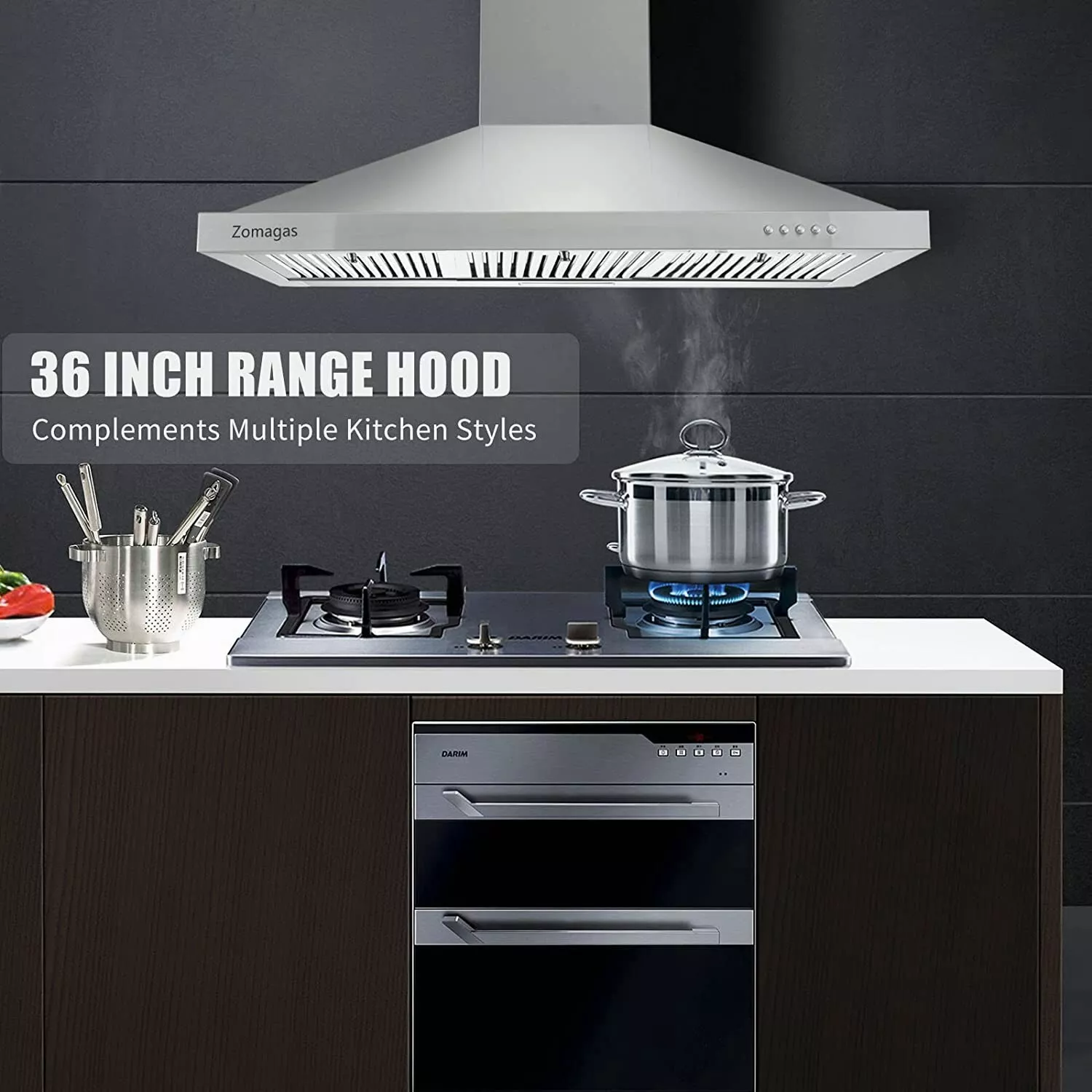 Range Hood 36-Inch Wall Mount Vent Hood Stainless Steel Ducted/Ductless 3 Speed Exhaust Fan