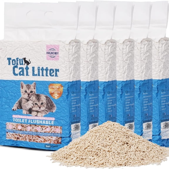 FEELING BEST Tofu Cat Litter 33.6 lb (6-Pack), Natural Unscented Clumping & Flushable Kitty Litter, Low Tracking
