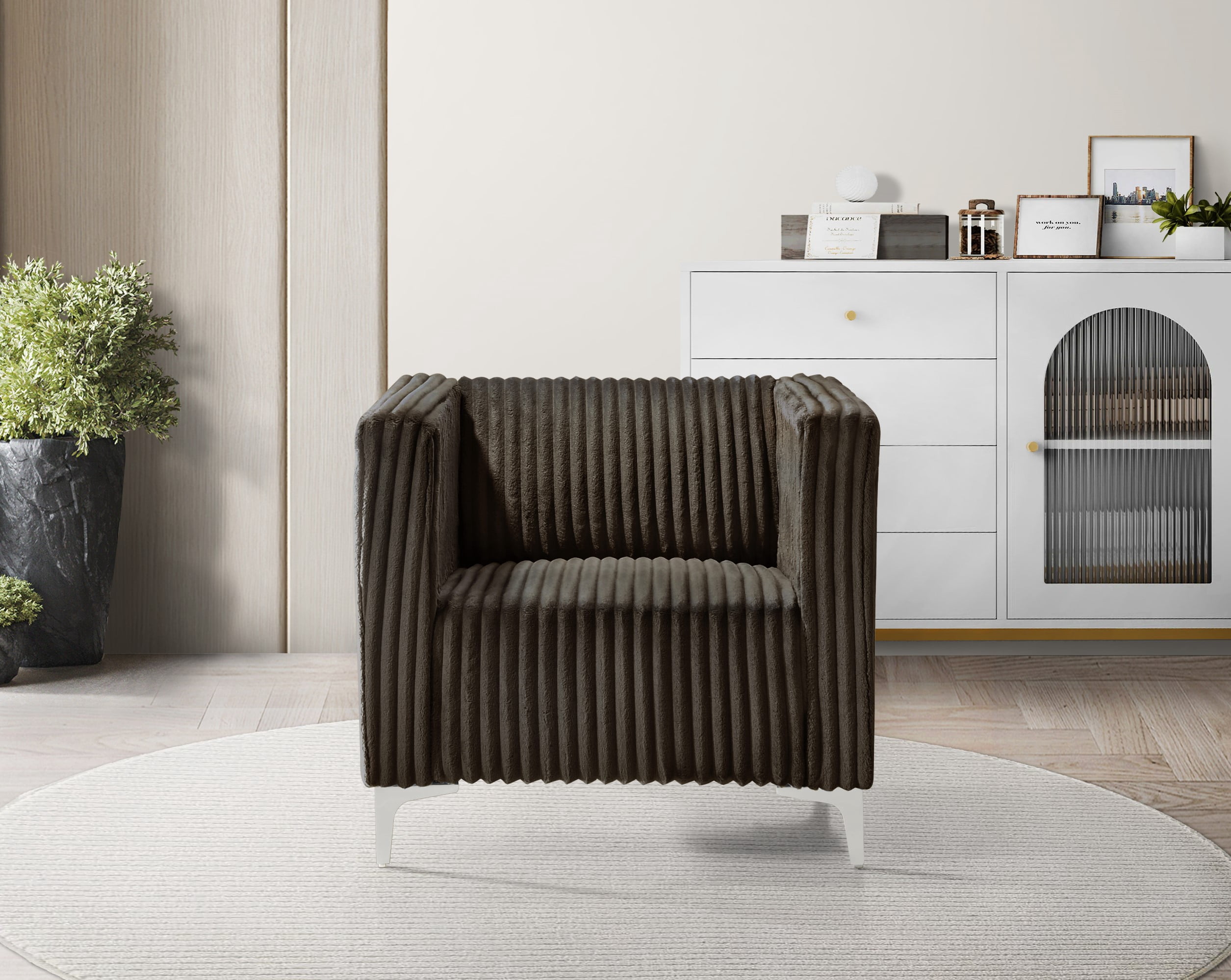 Home Design Gavin Velvet Square Arm Chair with Plush Cushions and Modern Upholstery, Durable Frame for Living Room, Contemporary Brown Design