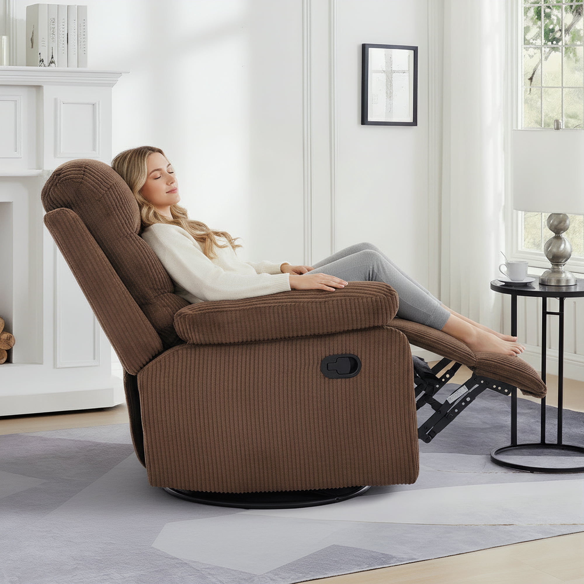 GAOHAPY Rocking Recliner Chair,Modern Swivel Glider Recliner Chair,Corduroy Fabric Upholstery Recliner,Manual Reclining Sofa Chair for Living Room,Office,Apartment,Brown