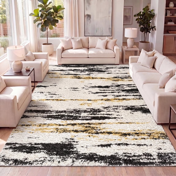 JONATHAN Y LONDON SHAG 5 x 8 Area Rug, Nova Bold Strie - Beige/Black/Yellow, SHG102A-5