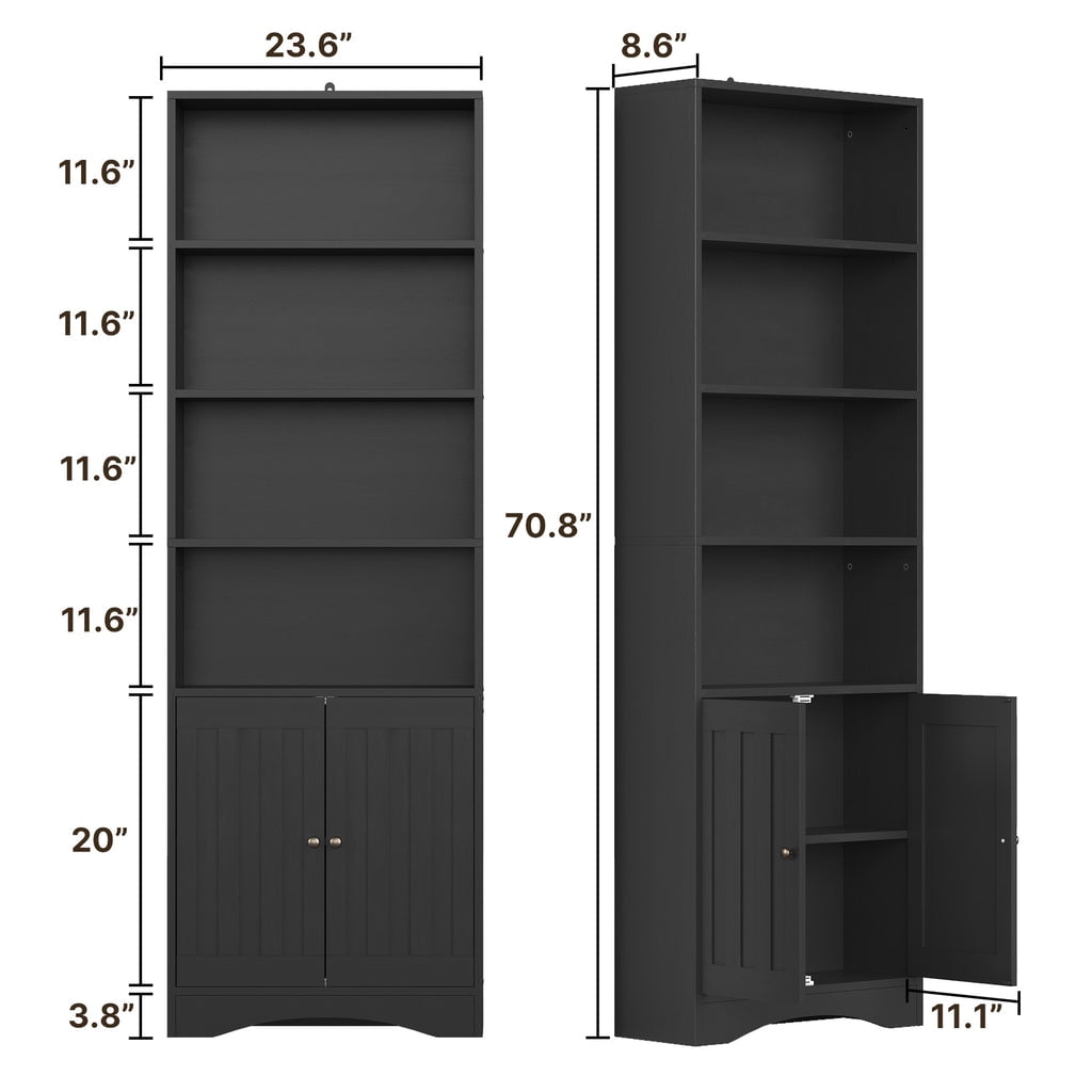 Aiho 71" H Bookcase, 6-Shelf Bookcase with Adjustable Shelves & Doors for Home Office, Living Room, Bedroom - Black