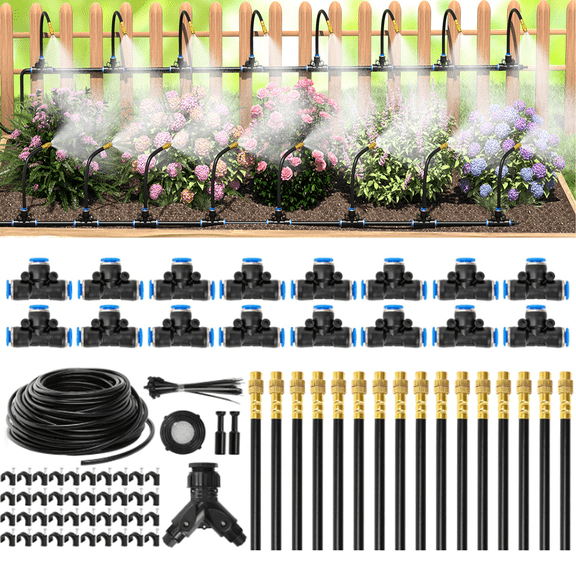 Drip Irrigation System 100 FT with 16 Nozzles, 360° Adjustable Bendable Garden Watering Misting System for Greenhouse, Yard, Lawn, Plant, Garden