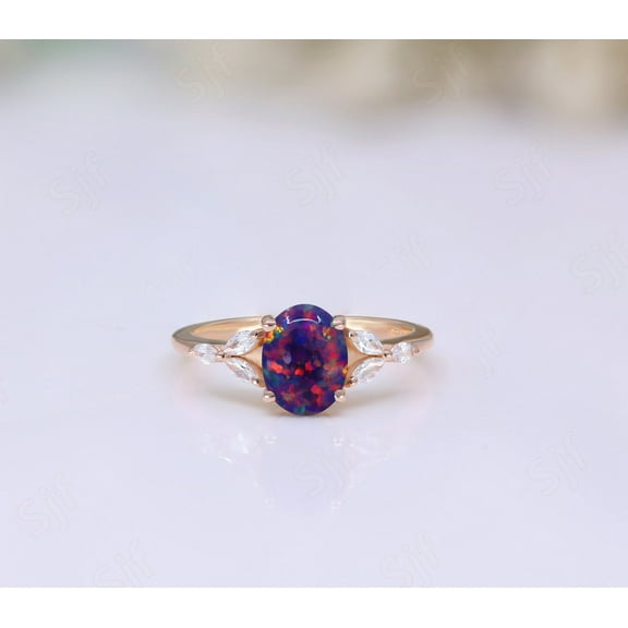 Oval Black Opal Gemstone Engagement Ring Vintage Art deco Bridal Moissanite Ring 14K Rose Gold Plated 925 Silver Ring Promise Ring For Love