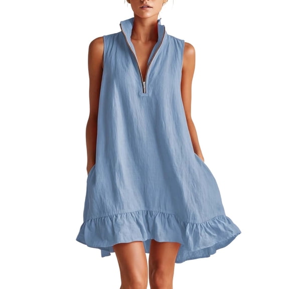 Kukoosong Women's Sleeveless Zip Collar Ruffle Hem Tank Mini Dress, Solid Color Loose Shift Dress with Side Pocket, Irregular Hem Short Summer Sundress