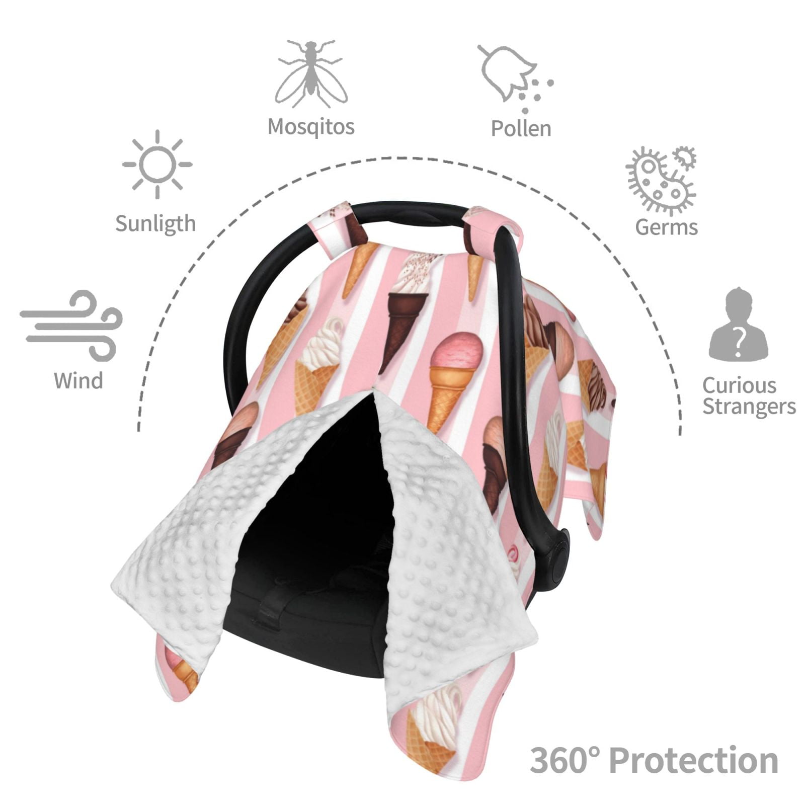 Car Seat Cover Baby - Summer Ice Cream Pink Breathable Infant Car Seat Cover for Baby Carseat, Lightweight Comfort Baby Essentials Must Haves Newborn Stuff for Girl Boy