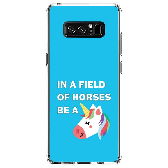 DistinctInk Clear Shockproof Hybrid Case for Samsung Galaxy Note 8 - TPU Bumper, Acrylic Back, Tempered Glass Screen Protector - In a Field of Horses, Be a Unicorn - Blue