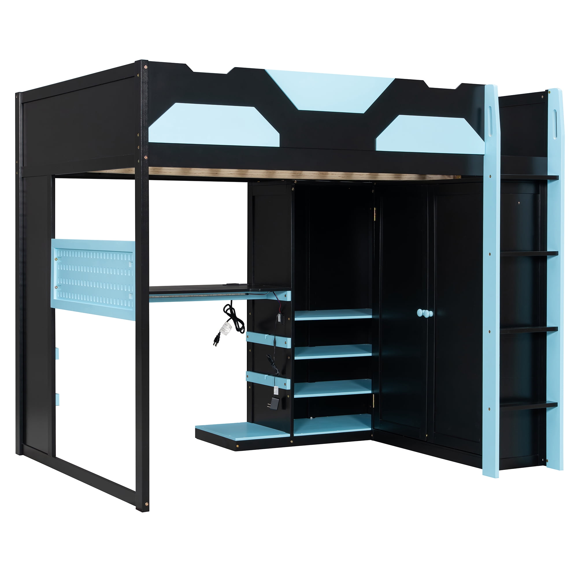 Mintazer Full Gaming Loft Bed with Adjustable Desk & Wardrobe, Modern Loft Bed with RGB Lights & Storage Pegboard, Black & Blue