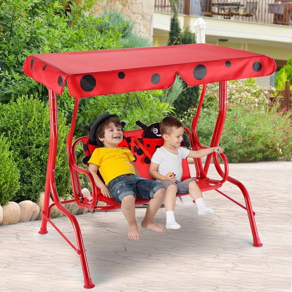 Kids Porch Swing with Adjustable Canopy & Safety Belts, 2-Seat Outdoor Bench for Backyard Garden Poolside (Red Ladybug)