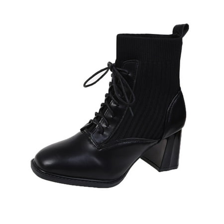 

SEMIMAY 2022 Autumn And Winter New British Style Stitching Knitted Elastic Socks Boots Square Toe High Heeled Mid Boots Black