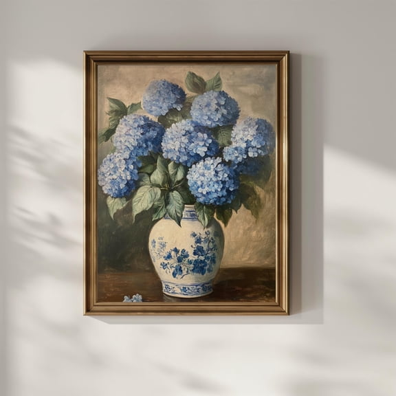 Blue Hydrangea Chinoiserie Wall Art Wildflower Floral Wall Decor Chinese Flower Vase Artful Vintage UNFRAMED Poster, Wall Art for Decor, Present, 8x12