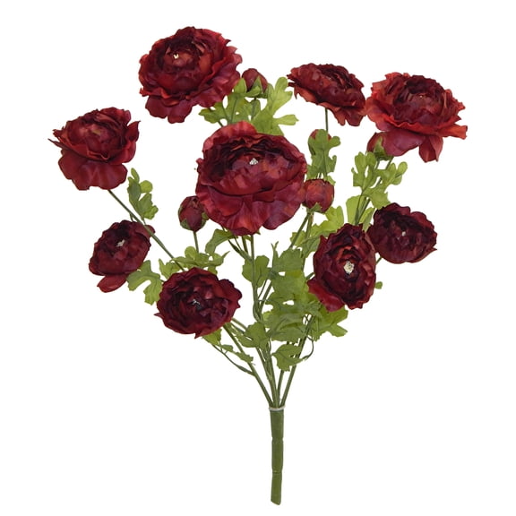 Wine Red Open Ranunculus with Buds 22in Artificial Polysilk Faux Fake Flower Bush for Craft Home Garden Outdoor Bouquet Arrangement Ceremony Wedding Arch Floral Wall Aisle Decor (Burgundy, One each)