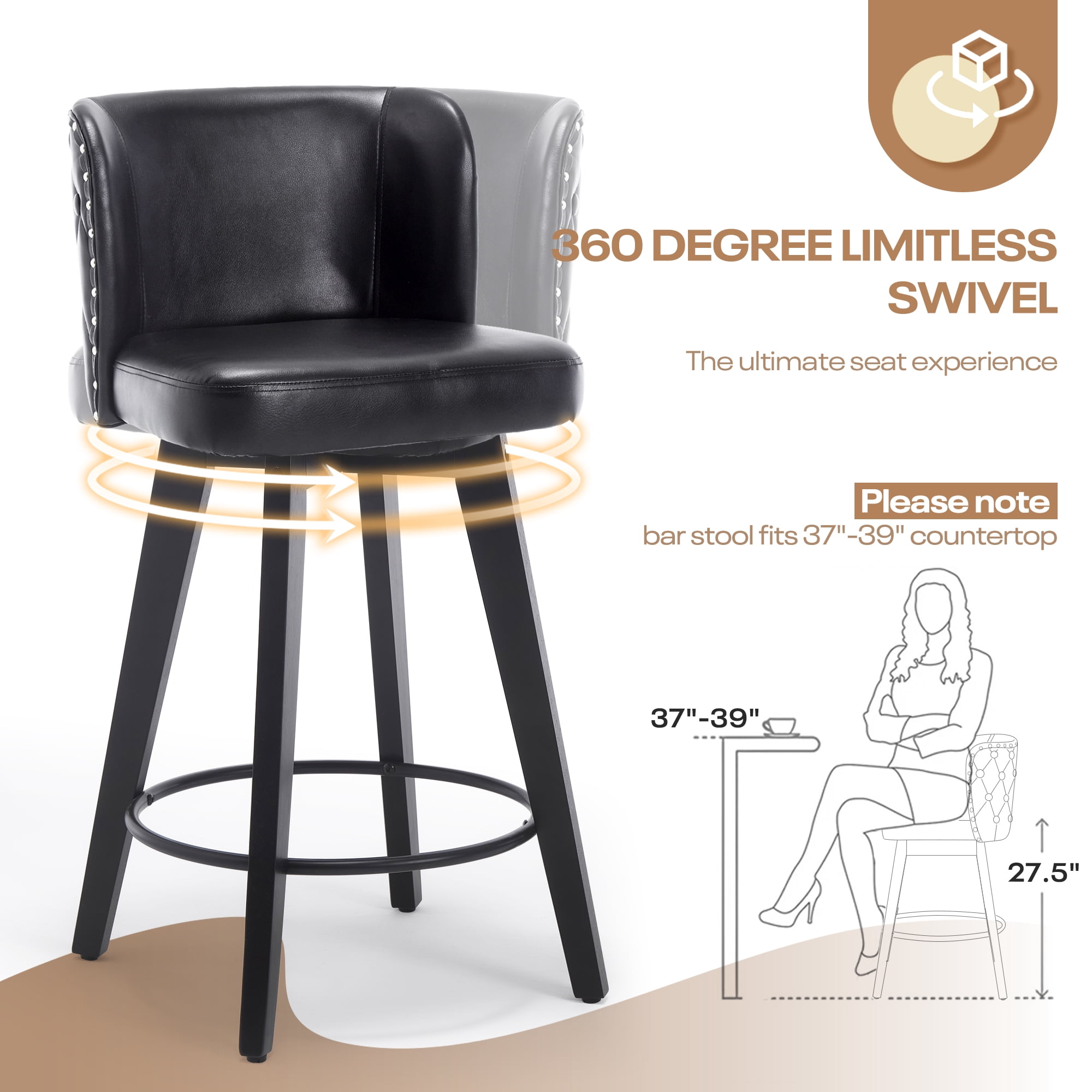 TEWLOSS Counter Height Bar Stools Set of 3, 27.5in Swivel PU Leather Bar Chairs with Curved Back for Kitchen Island, Black