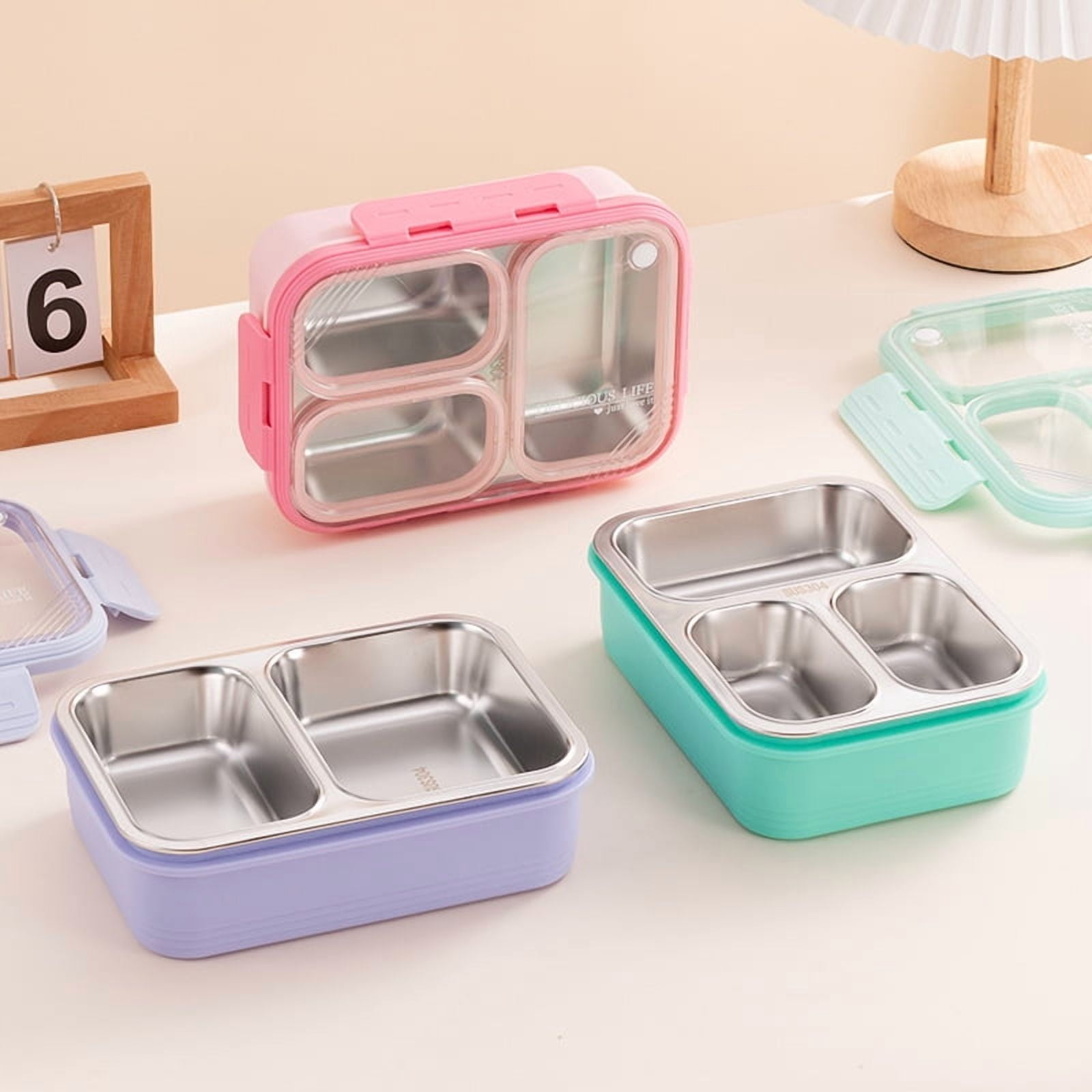 Stainless Steel Adults Bento Box Leak-resistant Lunch Box Containers Snack Containers 3-Compartment Snack Tray Soup Bowl with Lid Spoon Chopsticks Dishwasher Safe green