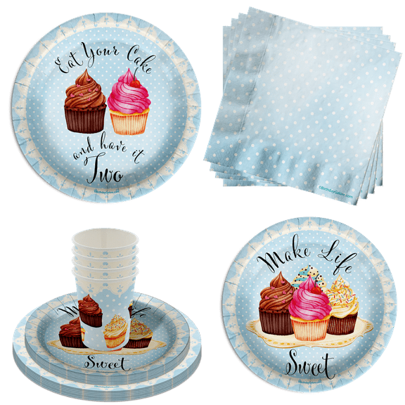 Have Your Cake and Eat it Two Cupcake 2nd Birthay Party Supplies 64 Piece Tableware Set Includes Large 9" Paper Plates Dessert Plates, Cups and Napkins Kit for 16