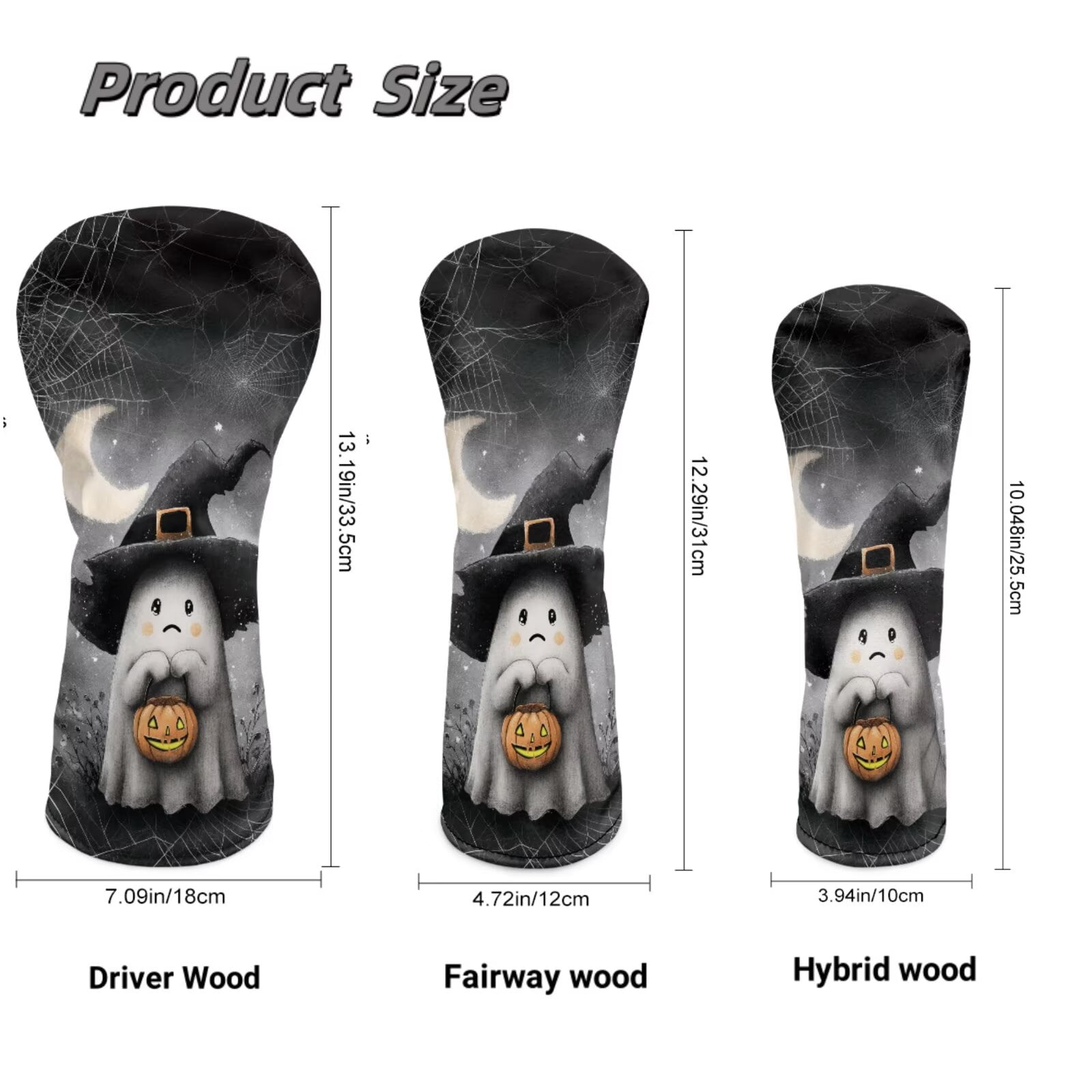 Uorisanigo Golf Club Head Covers 3-Pack Halloween Ghost Headcovers PU Leather Driver Headcover, Golf Hybrid Headcover, Fairway Wood Head Cover, Waterproof & Double Elastic Band