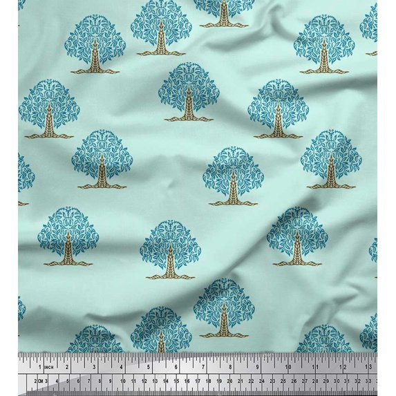 Soimoi Satin Silk Fabric Tree Block Print Fabric by The Yard 42 Inch Wide