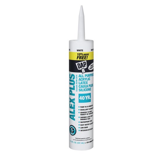 DAP Alex Plus Acrylic Latex Caulk Silicone 10 More Free, White, 2 Fl. Oz.