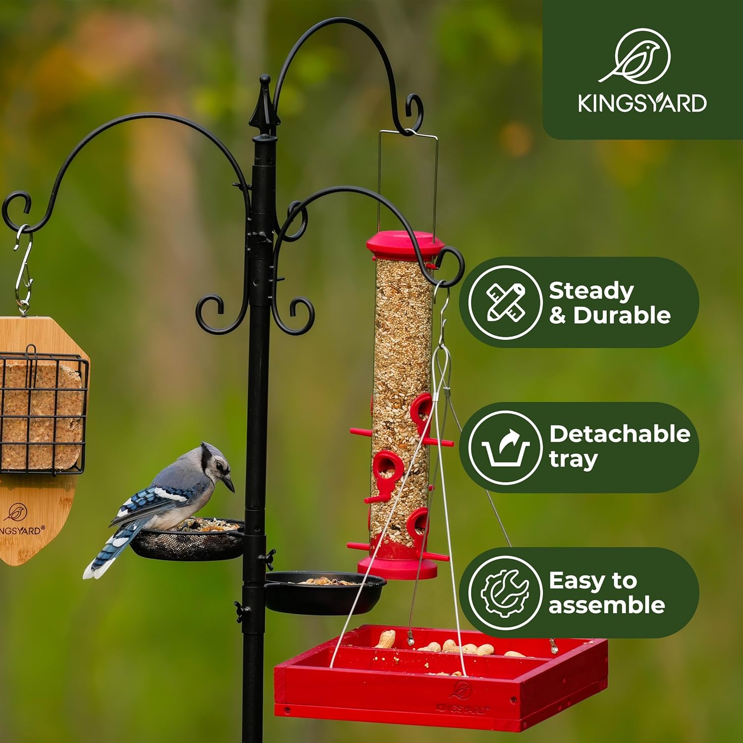 Bird Feeding Station Kit - 85 Inch Feeder Pole with 5-Prong Base, Stand for Outdoors Hanging Feeders, Upgraded in Stability, Black