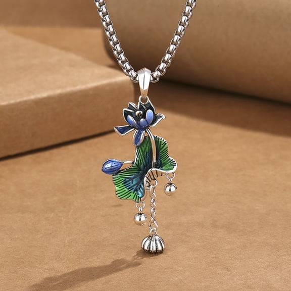 Vintage Cloisonne Enamel Lotus Necklace Long Pendant Chinese Bohemian Style Jewelry Floral Charm Accessory Gift for Women