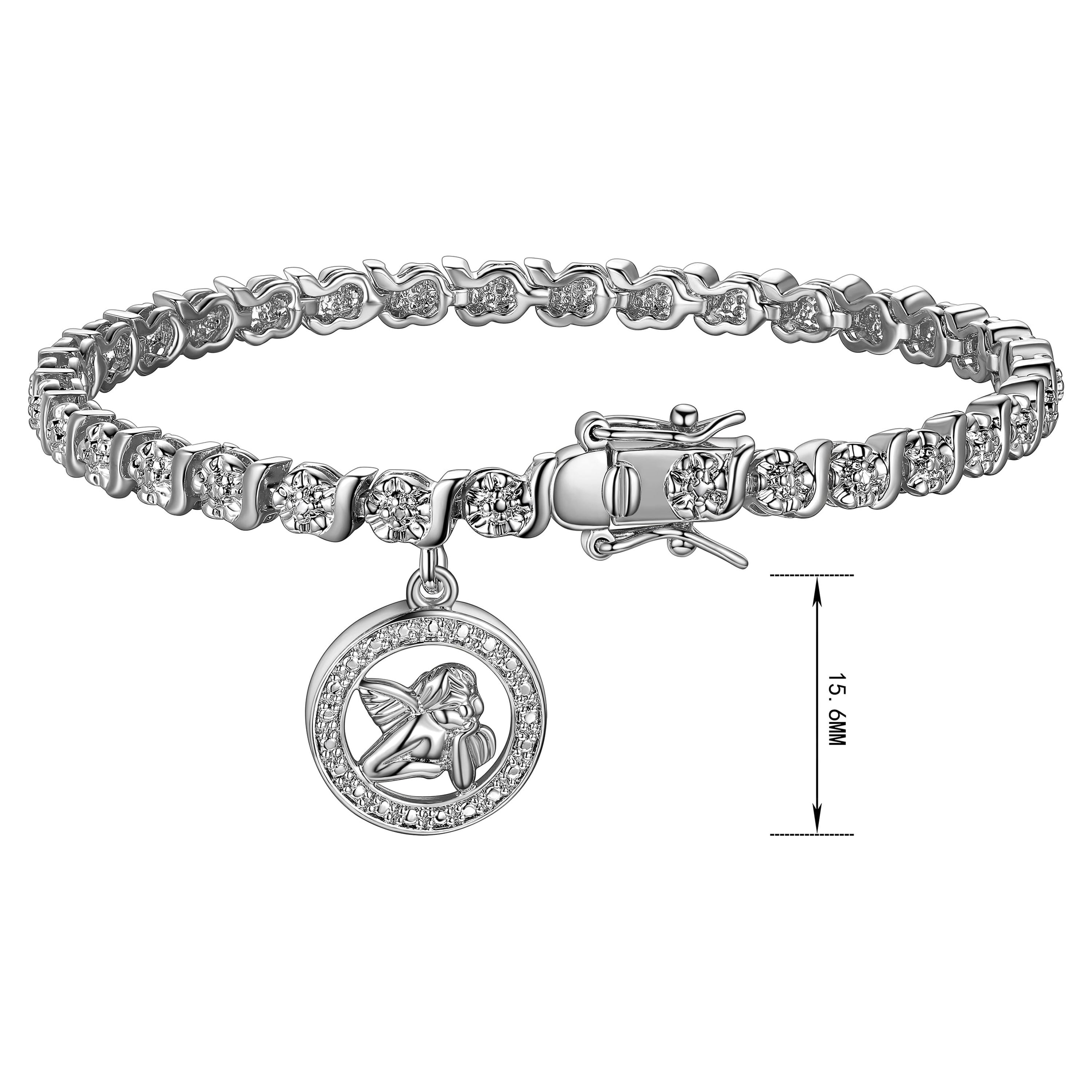 Rhodium Plated Diamond Accent Angel Charm Tennis Bracelet, 7.25"